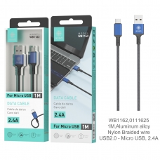 IKREA WB1162 CABLE TRENZADO DE NYLON ACABADO ALUMINIO MICRO USB 2.4A 1M AZUL