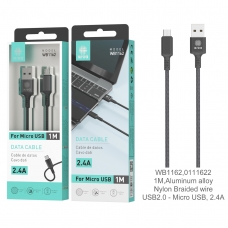 IKREA WB1162 CABLE TRENZADO DE NYLON ACABADO ALUMINIO MICRO USB 2.4A 1M NEGRO