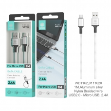 IKREA WB1162 CABLE TRENZADO DE NYLON ACABADO ALUMINIO MICRO USB 2.4A 1M PLATA