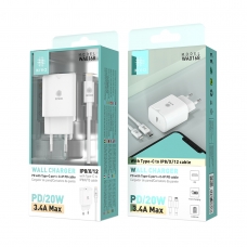 IKREA WA0168 CARGADOR PD CON PUERTO TYPE-C Y CABLE TYPE-C TO LIGHTNING 3.4A 20W BLANCO