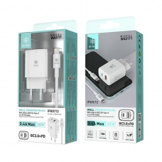 IKREA WA0171 CARGADOR CON PUERTOS QC3.0+PD Y CABLE TYPE-C TO LIGHTNING 3.4A 38W BLANCO