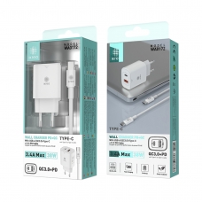 IKREA WA0172 CARGADOR CON PUERTOS QC3.0+PD Y CABLE TYPE-C TO TYPE-C 3.4A 38W BLANCO