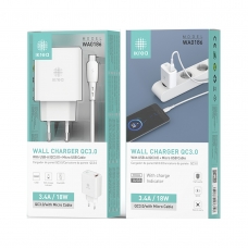 IKREA WA0186 CARGADOR QC3.0 CON CABLE MICRO USB Y INDICADOR DE CARGA 3.4A 18W BLANCO