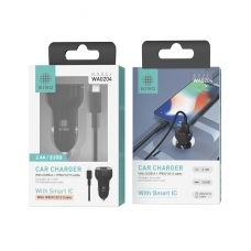 IKREA WA0204 CARGADOR PARA COCHE CON CABLE LIGHTNING 2USB 2.4A CON SMART IC NEGRO