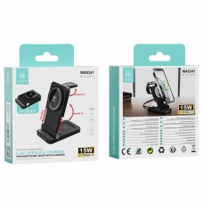 IKREA WA0341 CARGADOR INALÁMBRICO PLEGABLE 3 EN 1 CON CABLE TYPE-C PARA MÓVILES/AURICULARES/SMART WATCH 15W MAX NEGRO