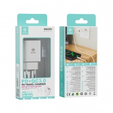 IKREA WA0352 CARGADOR 2 PUERTOS PD+QC3.0 CON CABLE TYPE-C TO TYPE-C 35W 3A MAX BLANCO