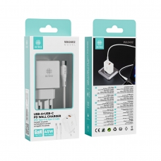 IKREA WA0402 CARGADOR PD CON 2 PUERTOS USB-A+USB-C Y CABLE TYPE-C TO TYPE-C 45W GaN BLANCO