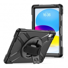 MX0462 FUNDA NEGRA ANTIGOLPES 3 EN 1 CON SOPORTE GIRATORIO 360ºY CORREA DE MANO AJUSTABLE PARA IPAD 10TH 2022 10.9"/IPAD 11 2025