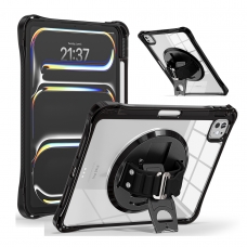 MX0486 FUNDA NEGRA TRANSPARENTE ULTRALIGERA CON SOPORTE 360°Y BANDA DE MANO PROTECCIÓN COMPLETA PARA IPAD PRO 11 2024/2025