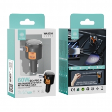 IKREA WA0354 CARGADOR QC+PD3.0 PARA COCHE 2 PUERTOS CON CABLE TYPE-C RETRACTABLE 60W 3.4A MAX NEGRO