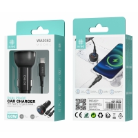 IKREA WA0362 CARGADOR PARA COCHE CON INDICADOR LED 3 PUERTOS DUAL PD+QC CON CABLE TYPE-C TO TYPE-C 60W NEGRO