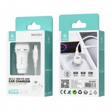 IKREA WA0364 CARGADOR PARA COCHE 2 PUERTOS USB-A/TYPE-C QC3.0 18W+PD 20W CON CABLE TYPE-C TO TYPE-C 38W BLANCO