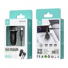 IKREA WA0364 CARGADOR PARA COCHE 2 PUERTOS USB-A/TYPE-C QC3.0 18W+PD 20W CON CABLE TYPE-C TO TYPE-C 38W NEGRO