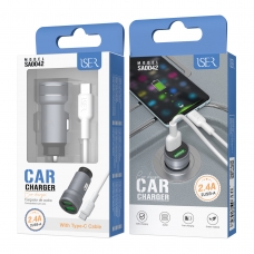 ISER SA0042 CARGADOR RÁPIDO PARA COCHE CON CABLE TYPE-C 2USB 2.4A GRIS