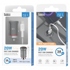 ISER SA0044 CARGAODR RÁPIDO PARA COCHE CON CONECTOR USB+TYPE-C Y CABLE TYPE-C GRIS