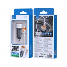 ISER SA0107 CARGADOR PARA COCHE 2 PUERTOS QC3.0 TYPE-C/USB-A CON CABLE TYPE-C TO TYPE-C 38W GRIS+NARANJA