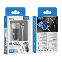 ISER SA0138 CARGADOR PARA COCHE 2 PUERTOS USB-A/TYPE-C CON CABLE TYPE-C TO TYPE-C PLATA