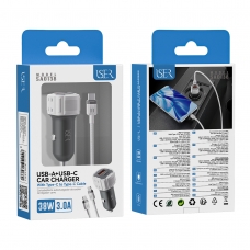 ISER SA0138 CARGADOR PARA COCHE 2 PUERTOS USB-A/TYPE-C CON CABLE TYPE-C TO TYPE-C PLATA