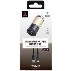 WOOX WA2498 CARGADOR PARA COCHE CON CABLE MICRO USB V8 2.4A 2 PUERTOS DORADO