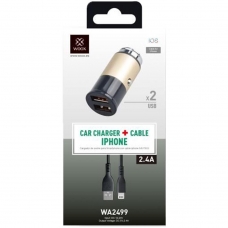 WOOX WA2499 CARGADOR PARA COCHE CON CABLE LIGHTNING 2.4A 2 PUERTOS DORADO