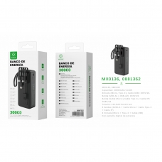 MX0136 Power Bank 30000mah 5V2A with 4 cable ABS+PC-Negro