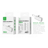 MX0138 Power Bank 5000mah 5V2A with IP cable&Type-C adapter ABS+PC-Blanco