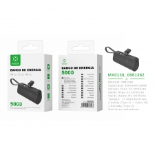 MX0138 Power Bank 5000mah 5V2A with IP cable&Type-C adapter ABS+PC-Negro
