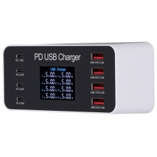 WLX-A9 ESTACIÓN DE CARGA USB DE 8 PUERTOS Y 65 W CONCENTRADOR MULTIPUERTO USB, QC3.0 PD30W USB C CON PANTALLA LCD