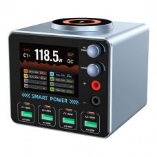 WLX-F4 ESTACIÓN DE CARGA INTELIGENTE MULTIFUNCIÓN 100W 4 USB‑C + 4 USB‑A + CARGA INALÁMBRICA 15W + SALIDA DC AJUSTABLE PANTALLA DIGITAL COMPLETA